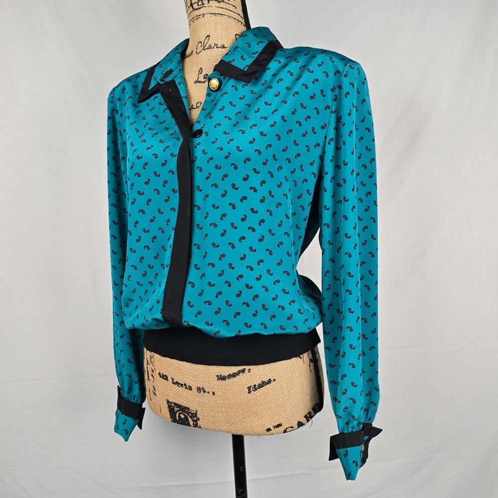 Vintage 80s Andrea Gayle Teal Paisley Pleated Skirt Set Blouse 2pc Suit Size 12 - Picture 11 of 16